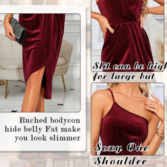 TINSTREE One Shoulder Velvet Bodycon Ruched Cocktail Party Dress Wine Red Size M - Picture 4 of 13